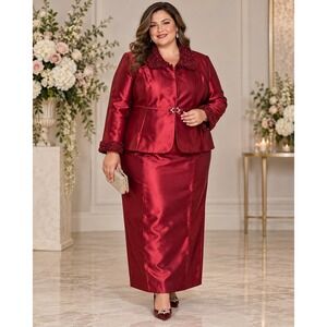 Luxe Especially Yours Skirt Suit Women 24W Red Satin Peplum Rhinestone Church